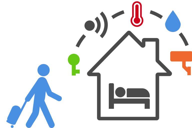 image of smart home technology (i.e.: locks, wifi, temperature, water, and cameras)